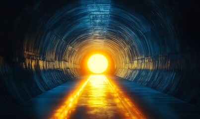 Poster - Blurred Image of a tunnel with a bright yellow light shining through it ,


