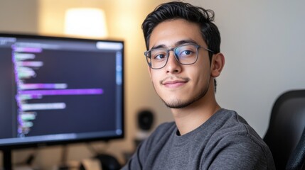 Poster - Hispanic young male software developer focusing on coding at his workstation. Monitor displays code, creating a tech focused environment