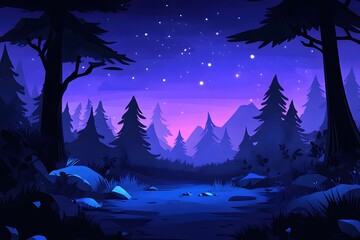 Poster - enchanted forest landscape under a starry night sky with blue and purple color palette