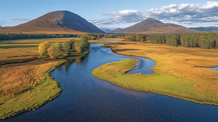 Sticker - Autumn river meanders through valley, hills background, aerial view, nature landscape