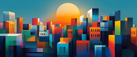 Poster - Colorful abstract cityscape with geometric buildings under a bright orange sun, representing energy, urban design, and vibrant city life.
