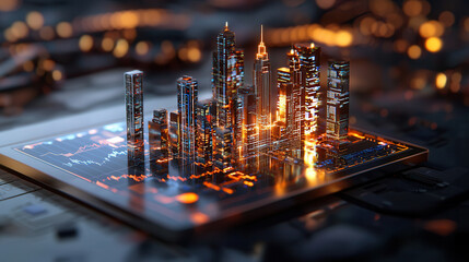 Wall Mural - futuristic cityscape with glowing skyscrapers on digital tablet, symbolizing advanced technology and finance