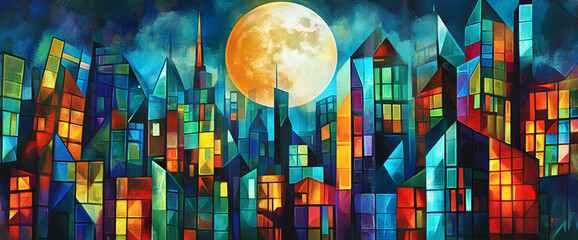 Poster - Colorful cityscape with geometric buildings and a glowing moon in the background, representing modern urban art, city life, and vibrant energy.