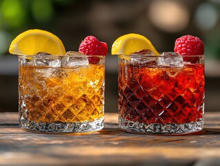 Poster - Refreshing cocktails with lemon and raspberry garnish on a rustic wooden surface outdoors