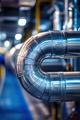 Poster - Silver Metallic Industrial Pipe System Bending in a Factory with Blue and Yellow Background