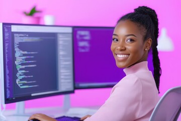 Poster - Young african american woman, a software developer, smiles while working on code on her computer in a vibrant pink office