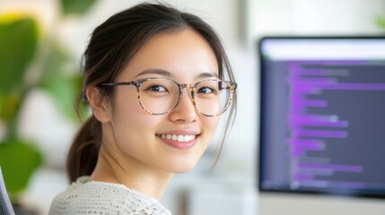 Poster - Young asian woman software developer smiling while working on source code using computer, creating innovative technology solutions