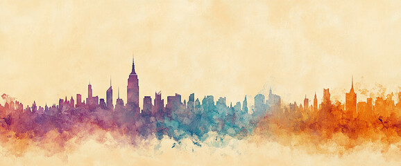 Poster - A watercolor silhouette of the New York City skyline, featuring vibrant orange and blue splashes symbolizing the dynamic energy, creativity, and urban life of the city.