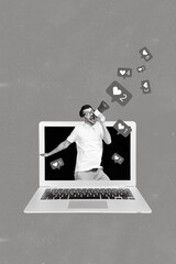Poster - Vertical creative photo collage of funny positive man scream in loudspeaker from monitor many likes isolated on turquoise color background