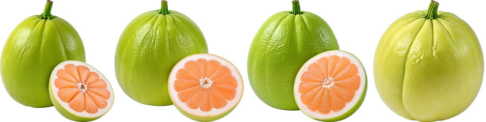 Wall Mural - Pomelo fruit an isolated on white background. Green pomelo citrus fruit with cut isolated on transparent png.
