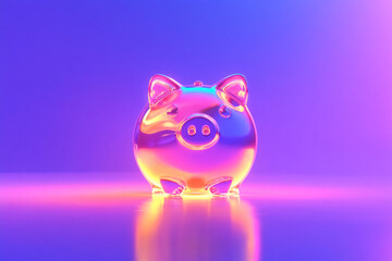 Aufkleber - Shiny, reflective piggy bank with neon lighting in purple and pink, symbolizing financial growth, savings, and investment in a modern and colorful digital design