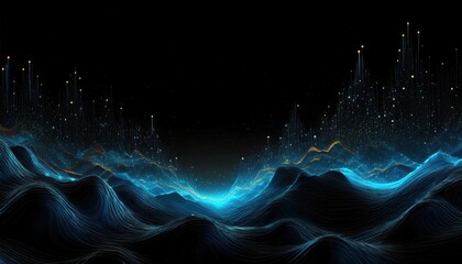 Poster - digital waveforms with glowing particles and abstract mountain peaks, glowing neon blue lines and data points