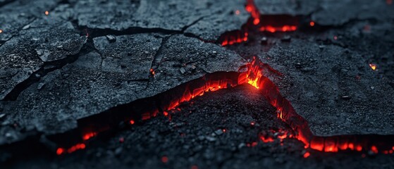 Wall Mural - Glowing Red Lava Cracks Through Dark Volcanic Rock