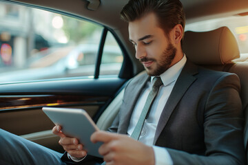 businessman in suit using a tablet on the back seat of his car