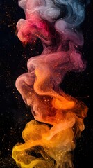 Poster - Ethereal flow of colorful smoke with golden glitter on a dark background artistic style