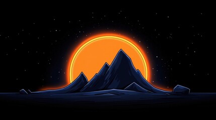 Wall Mural - Majestic Mountain Silhouette Against Vibrant Orange Sunset and Starry Night Sky