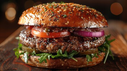 Wall Mural - A gourmet burger with truffle aioli, arugula, and a soft brioche bun, cinematic lighting