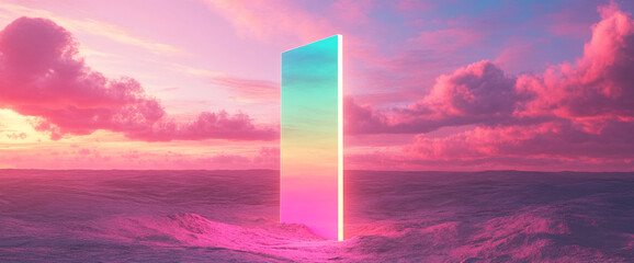 Poster - Futuristic glowing rectangular portal amidst a surreal landscape of waves, glowing in pink and cyan hues, representing the concept of digital reality and virtual transition