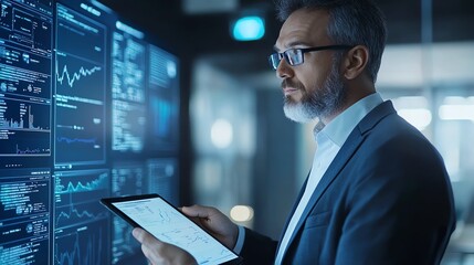 Aufkleber - A professional man in business attire analyzes data on a tablet, surrounded by digital graphs and charts in a modern office. Perfect for tech and business themes.