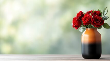 This image depicts charming red roses set in a unique black and gold gradient vase, offering a rich visual appeal that symbolizes elegance and affection in floral art.