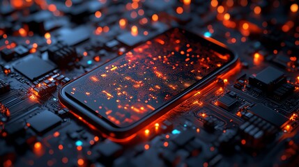 Poster - A smartphone on a circuit board with an interactive mobile app UIUX interface displayed on screen, glowing digital patterns, futuristic design, ultrarealistic, 8K HD