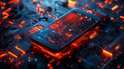 Poster - A smartphone on a circuit board with an interactive mobile app UIUX interface displayed on screen, glowing digital patterns, futuristic design, ultrarealistic, 8K HD