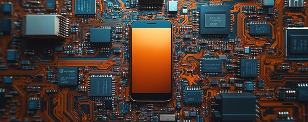 Aufkleber - A topdown view of a smartphone placed on a circuit board, featuring an interactive mobile app UIUX design on screen, vibrant colors, hightech details, 8K ultrarealistic