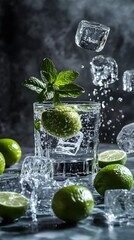 Poster - Refreshing lime drink with falling ice cubes and mint leaf in a glass on a dark background