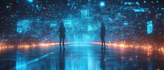 Leinwandbilder - Tiny professional figures analyzing a vast digital network, glowing blue interconnected lines symbolizing global business structure, hightech, hyperrealistic, ultraHD, 8K