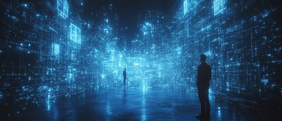 Leinwandbilder - Tiny professional figures analyzing a vast digital network, glowing blue interconnected lines symbolizing global business structure, hightech, hyperrealistic, ultraHD, 8K