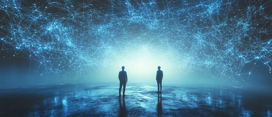 Leinwandbilder - Tiny professional figures analyzing a vast digital network, glowing blue interconnected lines symbolizing global business structure, hightech, hyperrealistic, ultraHD, 8K