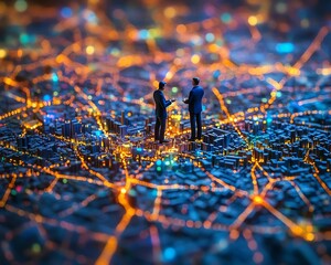 Aufkleber - Miniature business analysts discussing at the center of a complex network
