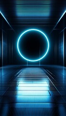 Poster - Stunning blue neon laser circle on reflective metallic surface for a modern cyberpunk wallpaper