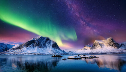 Wall Mural - Dramatic northern lights, Arctic wilderness. Landscape with icy mountain peaks and starry night