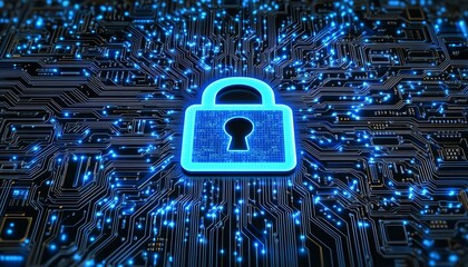 Aufkleber - Padlock icon 3D rendered on top of a computer circuit board, illustrating secure digital systems and encryption technology