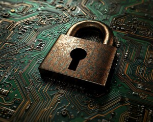 Poster - 3D rendered padlock icon on a computer circuit board, symbolizing the fusion of security and technology in digital systems