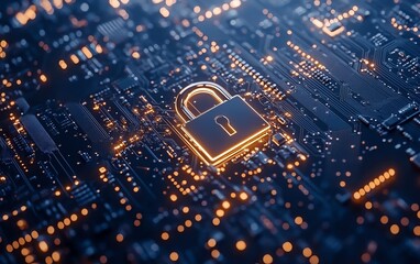 Poster - 3D rendering of a computer circuit board with a padlock icon placed on top, symbolizing data security and technology