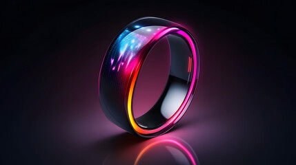 Poster - Futuristic mobile device mockup with glowing ring and colorful light effects on a dark background