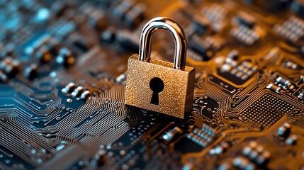 Leinwandbilder - 3D rendering of a padlock icon placed on top of a computer circuit board, symbolizing digital security and encryption
