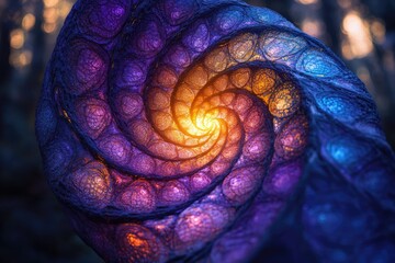 Poster - Intricate spiral fractal art, vibrant purple, blue, and orange hues, glowing center.