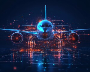 Aufkleber - Abstract aerospace concept with an airplane at the center, futuristic interface in the middle, digital aeronautics design
