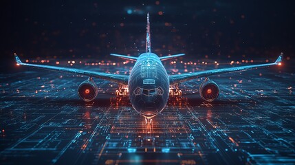 Poster - Abstract digital art of an airplane with a futuristic interface at the center, aerospace and aeronautics concept, hightech visualization