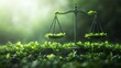 © Nattapat - Balance scale with green leaves on one side, symbolizing justice and sustainability, digital art representing ecological fairness