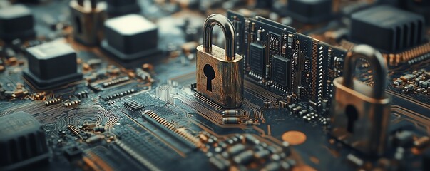 Leinwandbilder - Circuit board with multiple padlocks closeup, showcasing the importance of data privacy compliance and encryption security