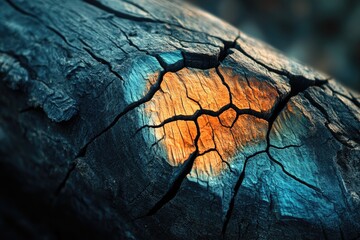 Aufkleber - Close-up of a cracked, burnt log revealing vibrant orange and teal hues, showcasing nature's artistry.