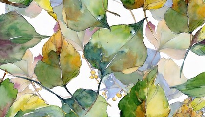 Poster - watercolor illustration of green and yellow autumn leaves with delicate outlines on a white background, botanical design