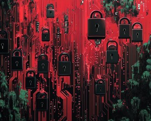 Leinwandbilder - Digital art of a circuit board with padlocks arranged to ensure data privacy compliance, highlighting cybersecurity technology