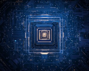 Poster - Digital circuit board design in minimalistic blueprint style on dark blue background, sleek and futuristic technology concept
