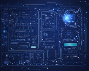 Poster - Digital circuit board design in minimalistic blueprint style on dark blue background, sleek and futuristic technology concept