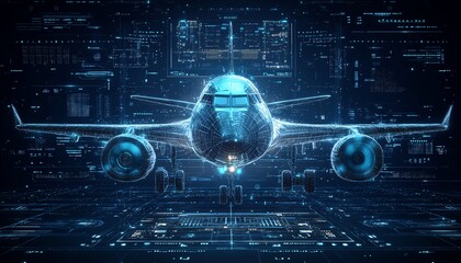 Aufkleber - Digital illustration of a futuristic airplane with an interface in the center, abstract aeronautics and aerospace concept, technologydriven art